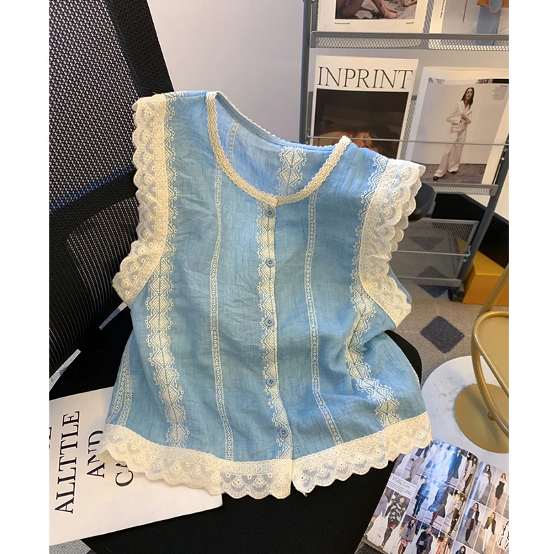 小香风蓝色蕾丝提花飞飞袖衬衫女2025夏款高级感背心法式无袖上衣