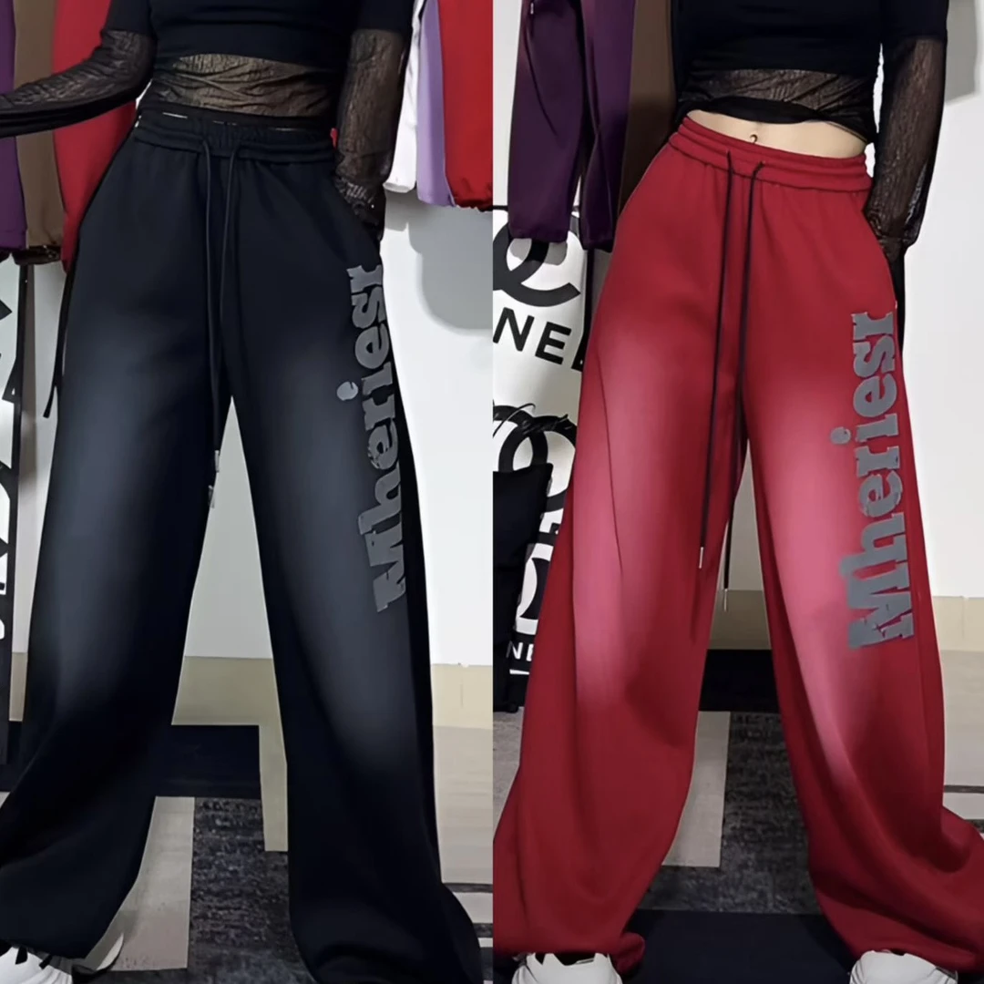 BT2557#INS风休闲裤小个子印花长裤直筒垂感百搭秋季卫裤阔腿裤