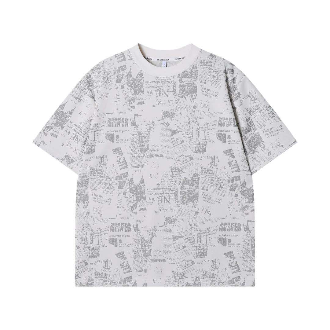 夏季高级感新款美式暗纹提花圆领短袖T恤小众设计字母百搭上衣