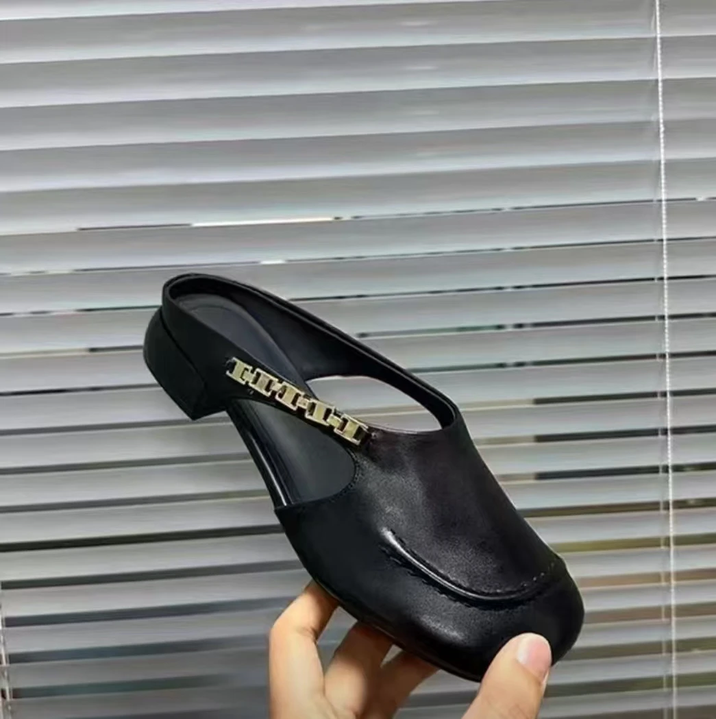 法式复古半拖鞋女真皮外穿2025年新款夏季平底穆勒鞋夏天外穿凉拖