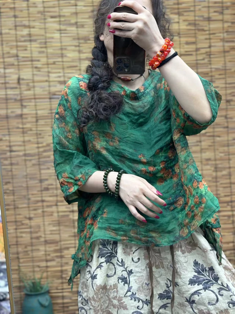 HY    绿底印花苎麻上衣