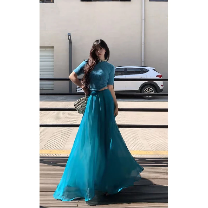 2025春季新款法式复古气质名媛高级感飘逸大摆半身裙上衣两件套装