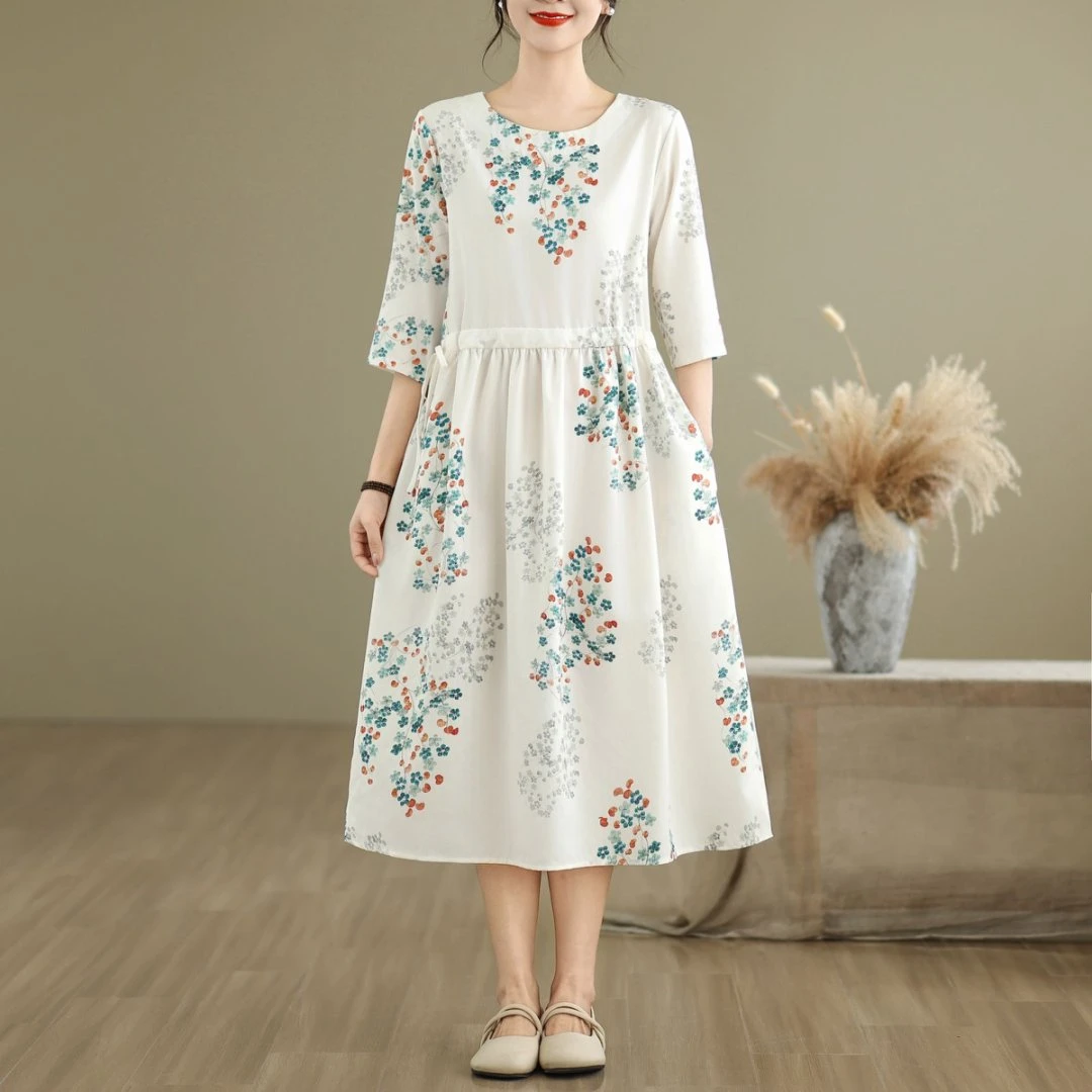 6980#樱花草文艺复古气质印花长裙连衣裙舒适透气国风显瘦长款