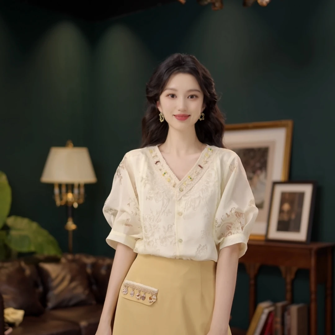 琦琦【苍兰风铃】温柔衬衣休闲百搭短袖衬衫女夏季上衣YF1102486