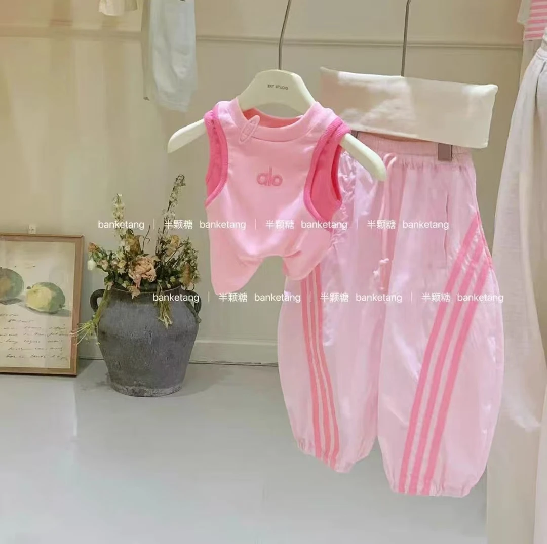 韩版童装2025夏季新款女童撞色字母背心上衣女宝宝洋气条纹工装裤