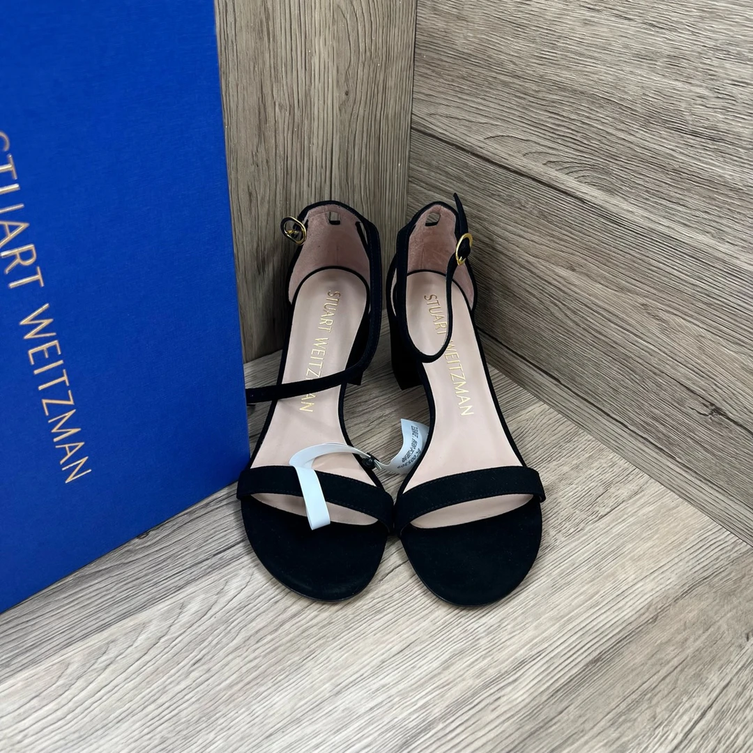 99新  Stuart Weitzman SW黑色丝绒粗跟凉鞋 37.5码/99新
