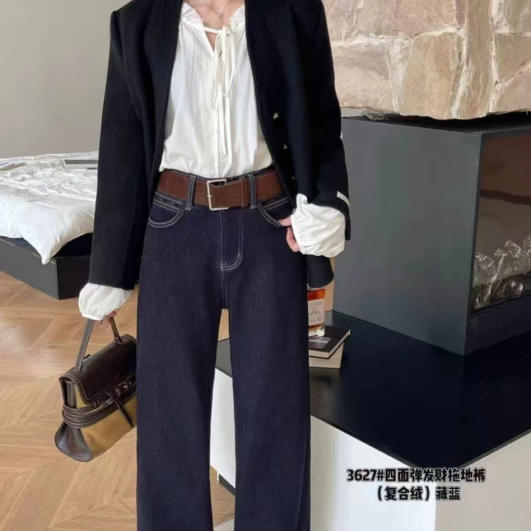 WTt-3627深圳高定冬季加绒高腰窄版直筒丹宁蓝牛仔裤显瘦百搭