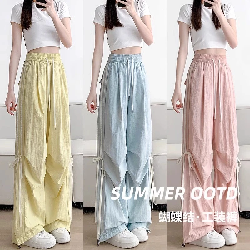 新款阔腿裤蕾丝拼接显瘦工装裤高腰休闲裤工装裤长裤运动百搭裤子