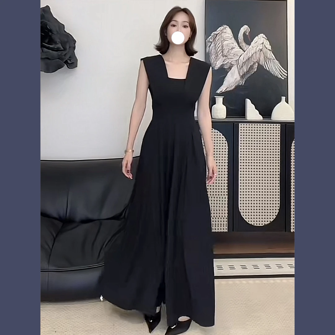 高级感黑色西装连体裤女夏季2025新款时尚领无袖收腰阔腿连身裤裙