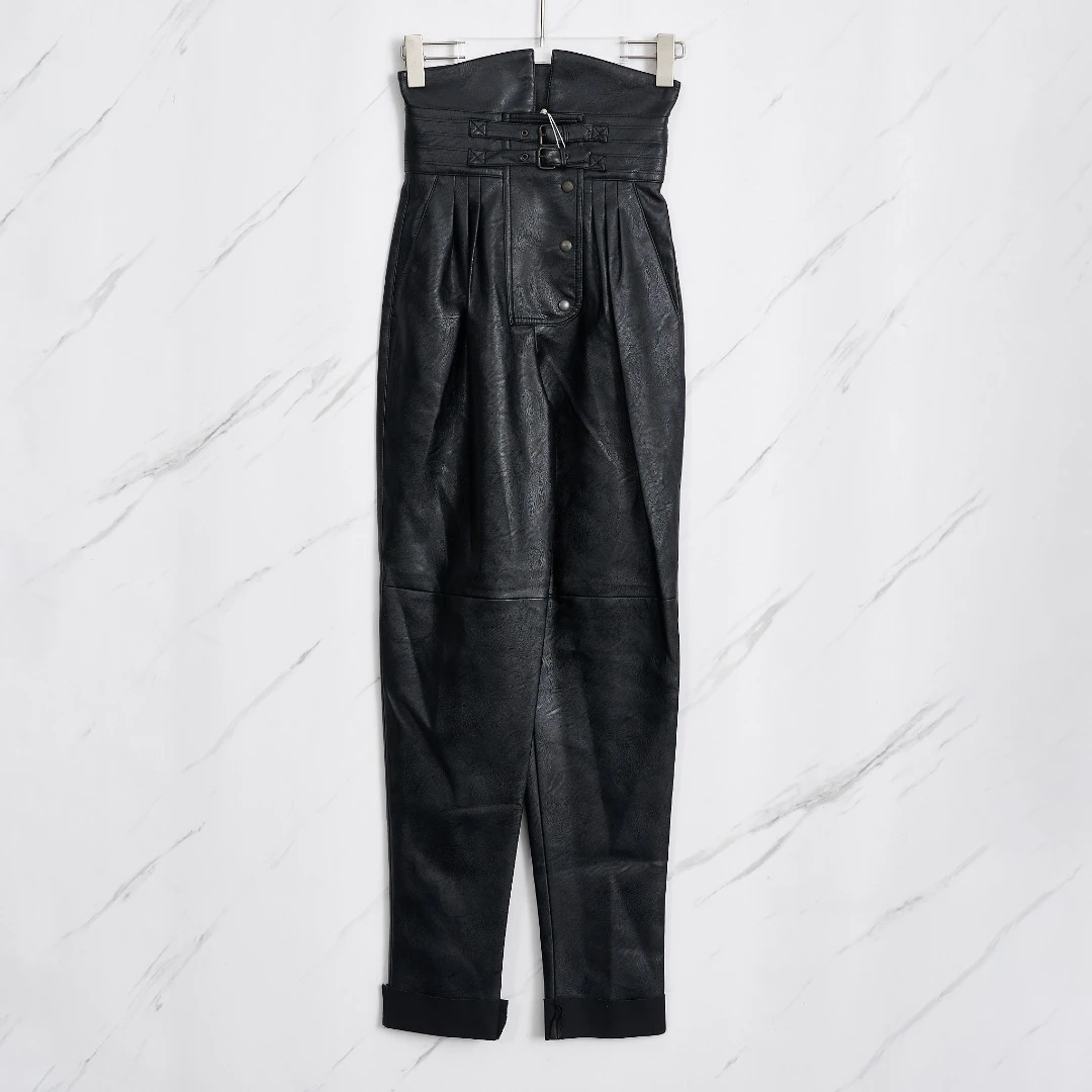 全新未使用/Maison Margiela复古高腰卷边皮裤MMGP00338