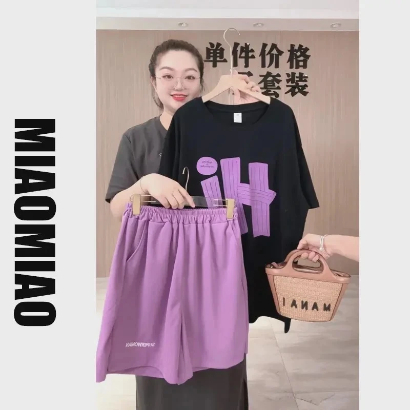 F003上衣纯棉休闲百搭夏季宽松印花圆领t恤字母短裤两件大码女装