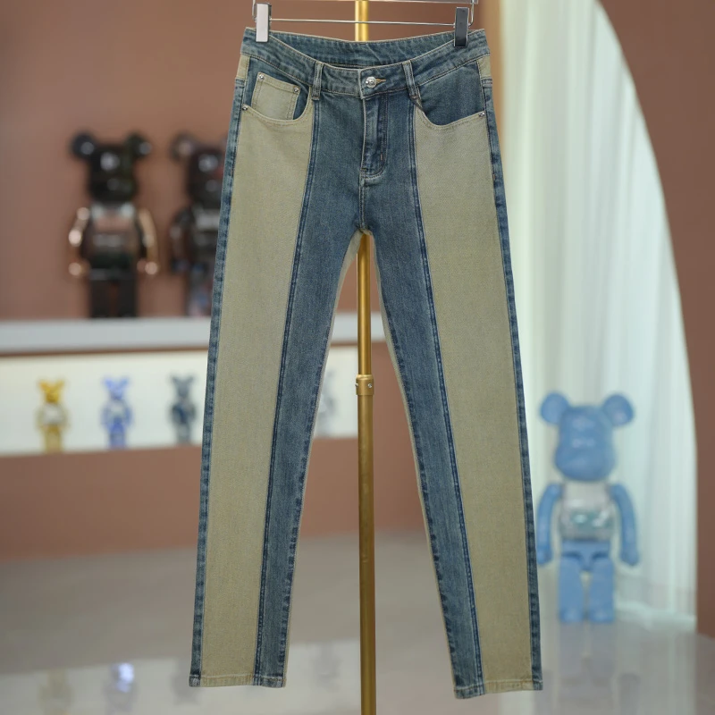 拼色牛仔裤男士2025秋季新品欧货潮流拼接设计感裤子男款春秋季