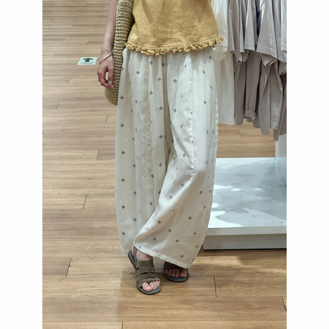 【歡囍夏季清仓】亚麻混纺刺绣休闲裤高腰显瘦宽松直筒阔腿裤