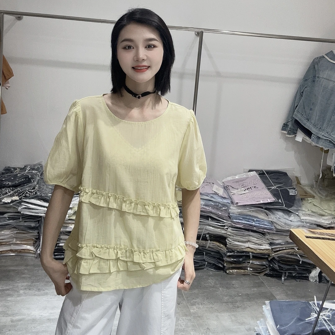 LMM 25878 夏季圆领木耳边拼接宽松薄款短袖套头衬衫女小个子时尚