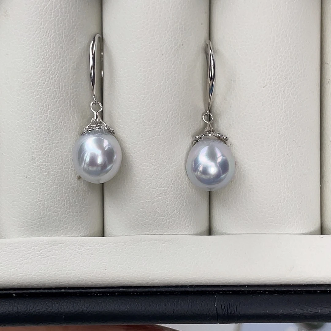银S925镶嵌海水珍珠耳饰银蓝光澳白水滴耳钩