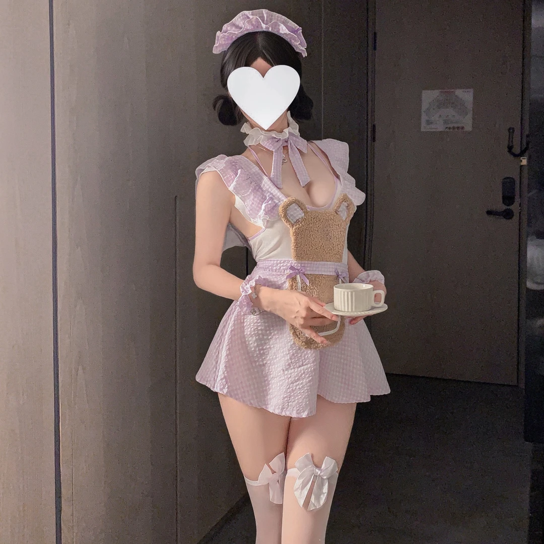 梦欲*莓果熊仆*纯欲可爱荷叶边厨娘睡衣女仆芋泥熊熊短裙套装