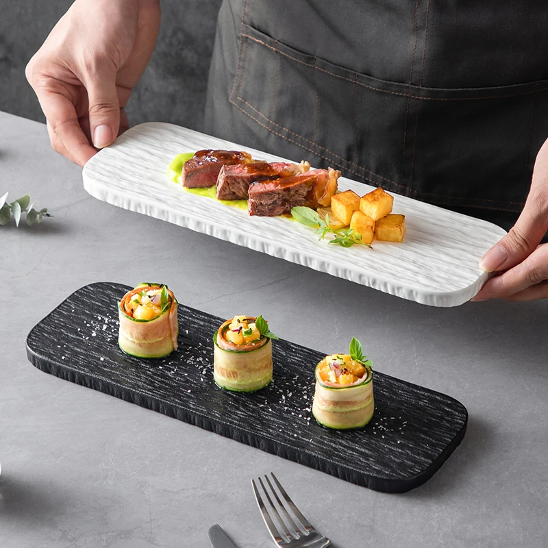 磨砂白色黑色岩石纹长方形盘子创意寿司盘早餐盘家用商用陶瓷餐盘