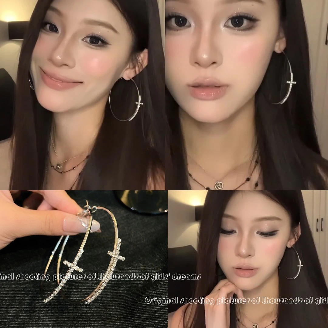 铜合金耳饰  显脸小夸张闪钻十字架素圈大耳环小众设计高级感耳钉