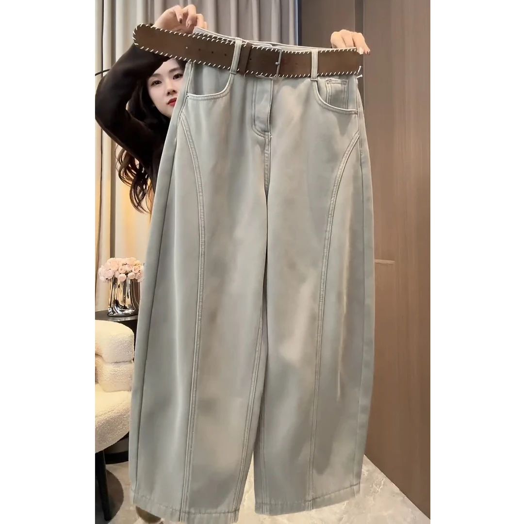 2025冬季新款韩版复古加绒休闲弯刀牛仔裤女宽松显瘦百搭阔腿裤子