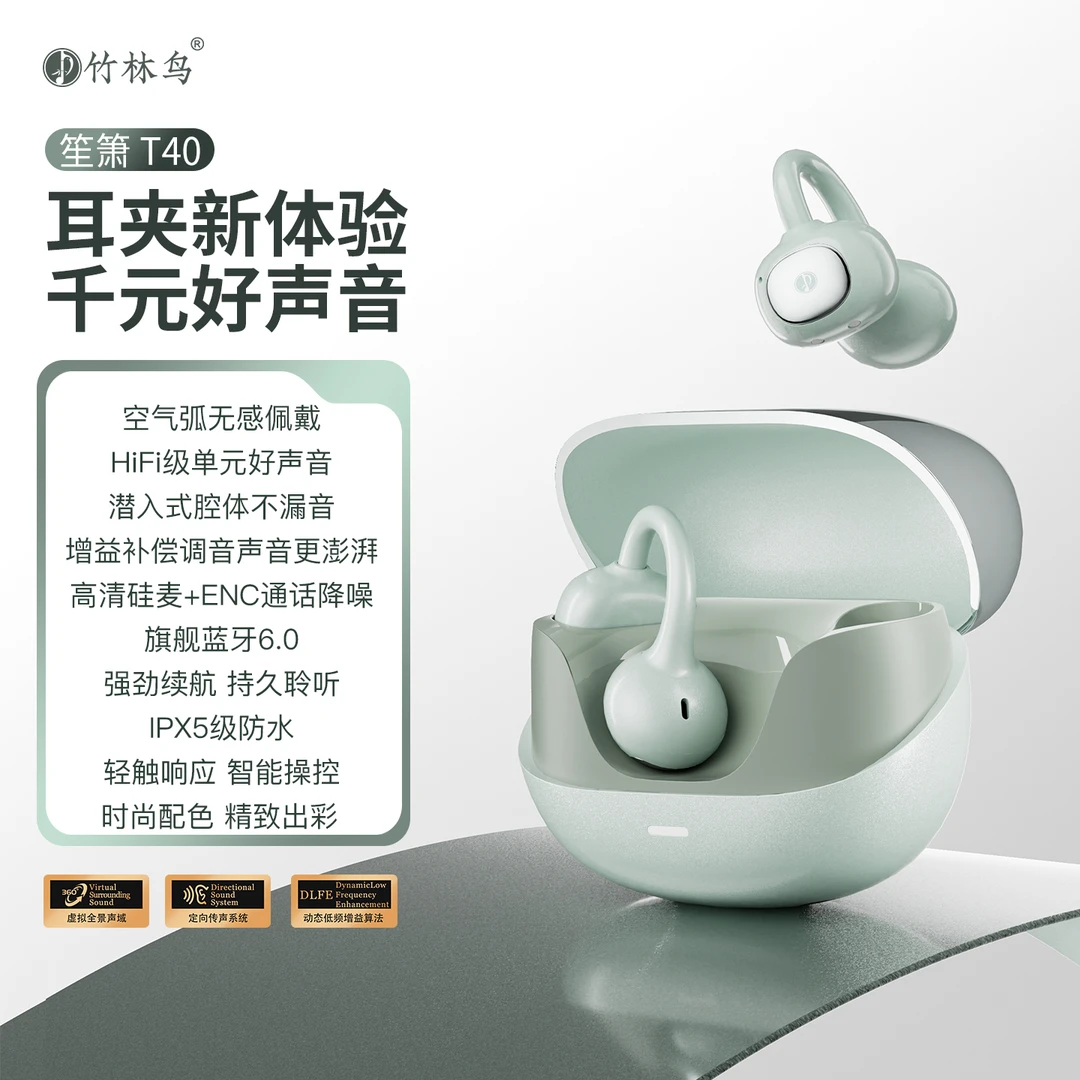 竹林鸟笙箫T40耳夹式蓝牙耳机气骨传导无线半入耳硅麦运动5级防水