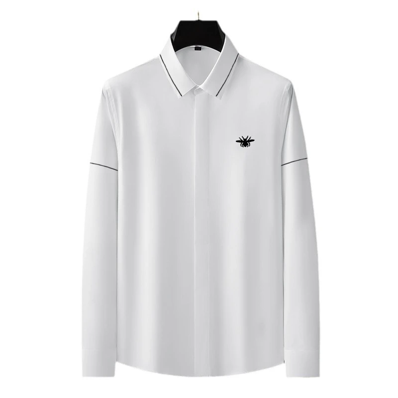 潮流春秋高端刺绣修身棉质长袖男士蜜蜂休闲百搭衬衫男装