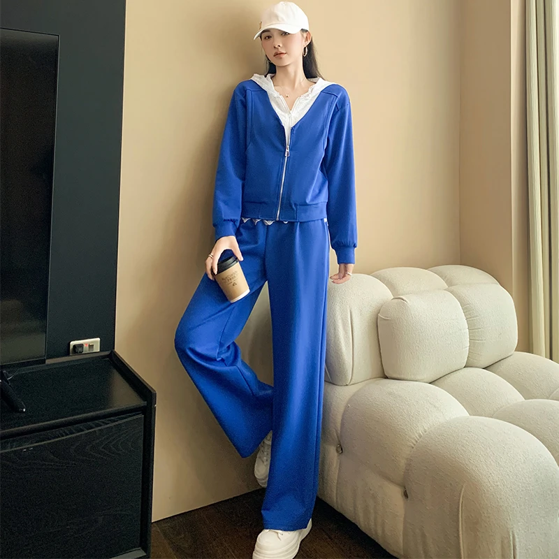 欧货休闲运动套装女春秋2025新款蓝色时尚洋气蕾丝拼接卫衣两件套