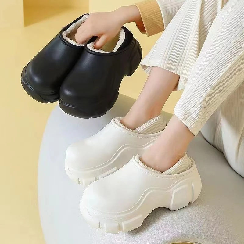 降温秋季女士时尚舒适纯色轻便增高棉鞋女毛毛拖鞋厚底防滑包头拖