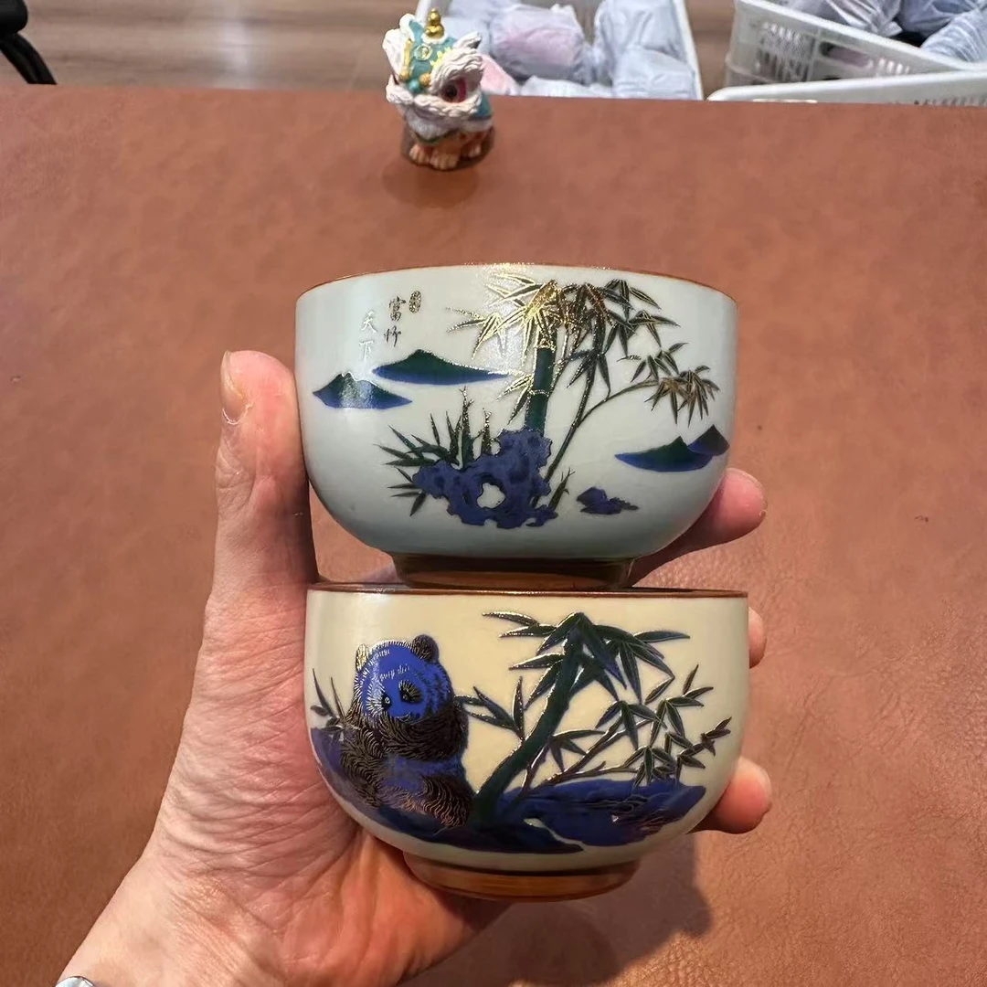 ZHTJ0059-天下富竹主人杯（带铜钱）+熊猫竹子主人杯（带铜钱）