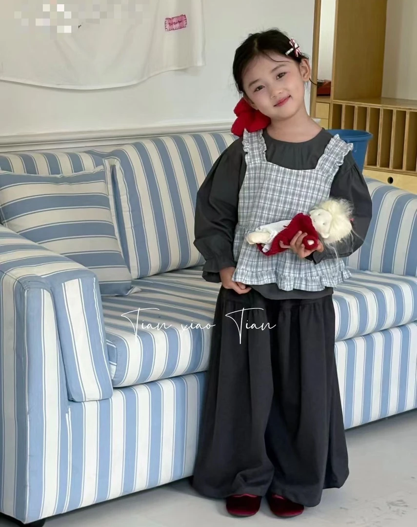 【自营｜设计师款！森韩系格子风格】女童纯棉上衣吊带两件套2565