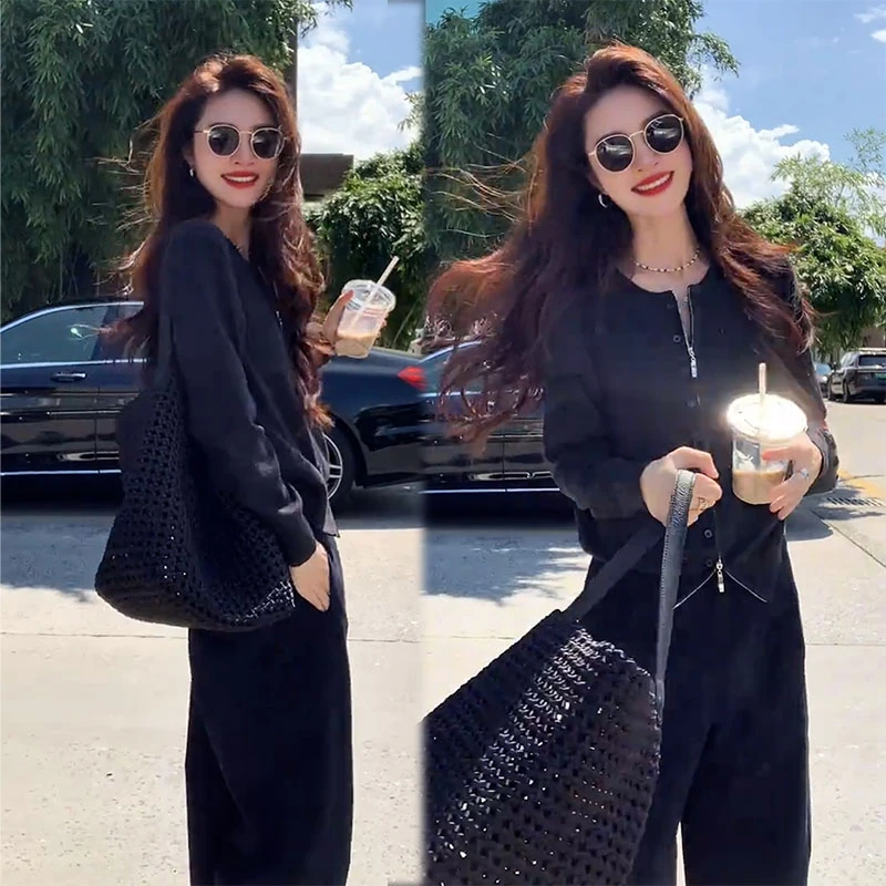 2025秋季新款设计感时尚百搭单排扣长袖开衫女休闲阔腿裤两件套装