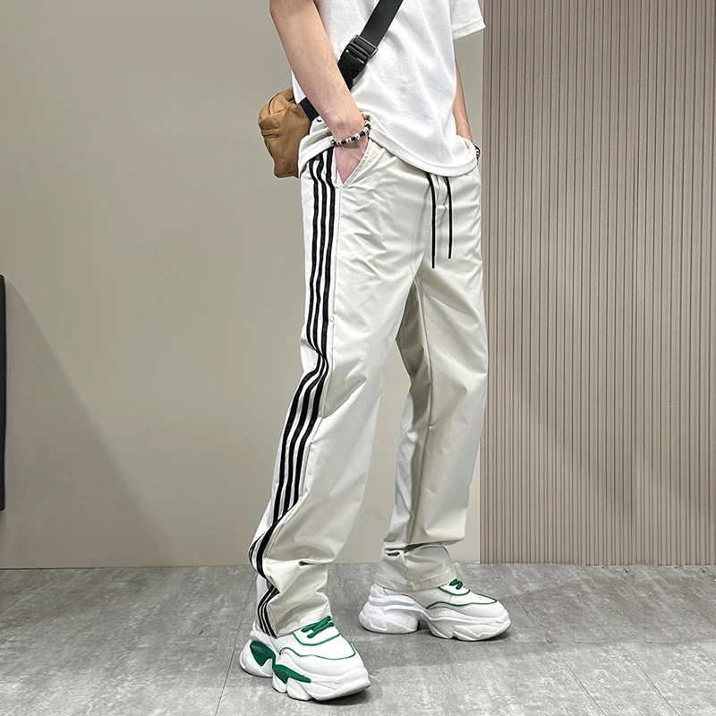 仓石一树潮牌条纹速干休闲裤子男夏季薄款百搭宽松直筒长裤运动裤