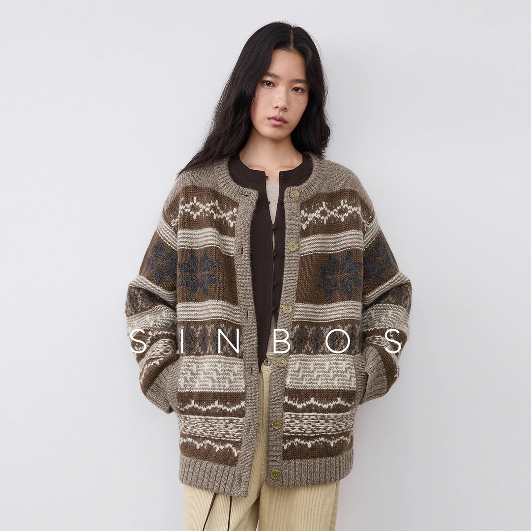 SINBOS北欧岛屿 费尔岛风纯羊毛提花立领宽松毛衣女2025秋冬新款