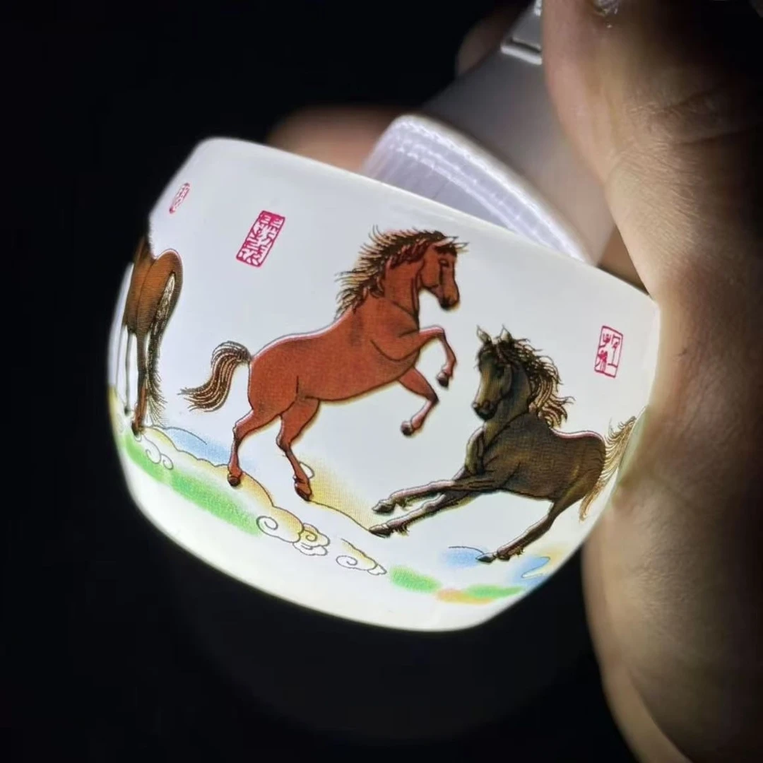 高端茶杯茶器（八骏图白琉璃杯）琉璃主人杯