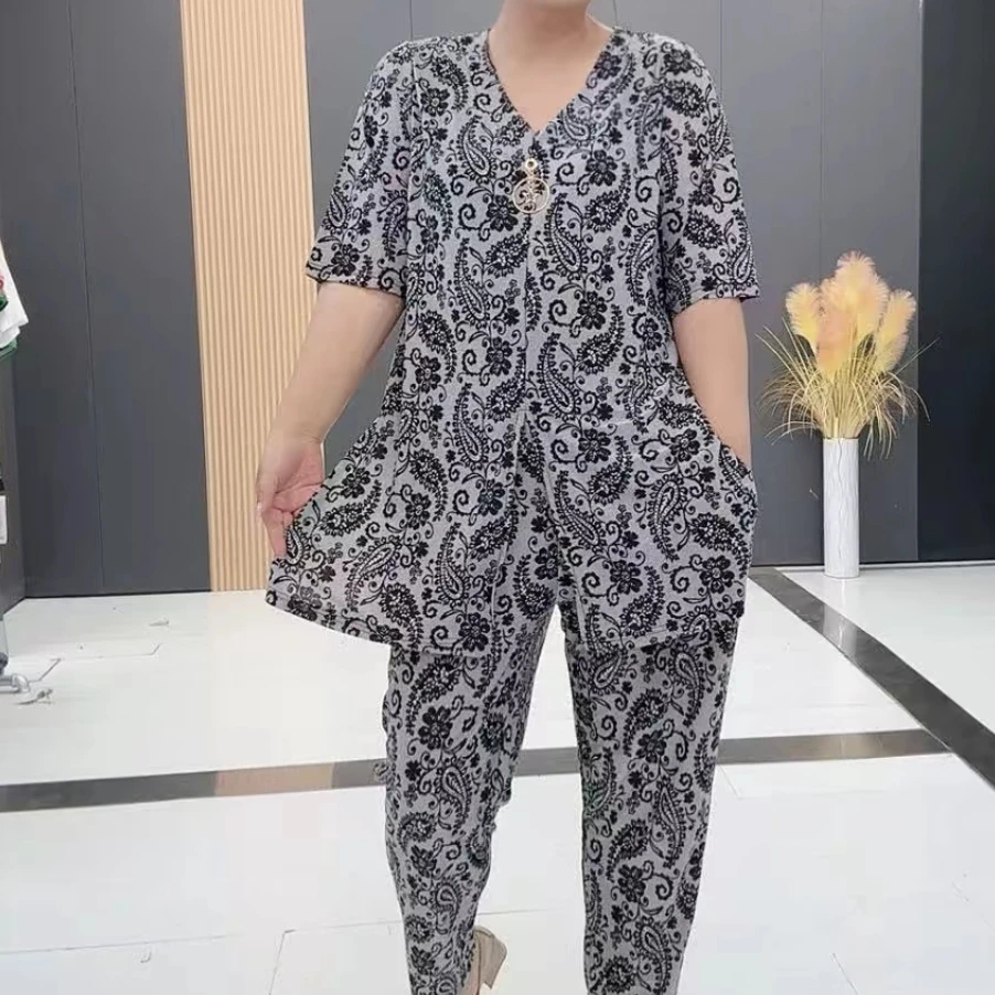 梦梦家511款宽松遮肉清凉透气薄款v领开叉套装短袖+裤子