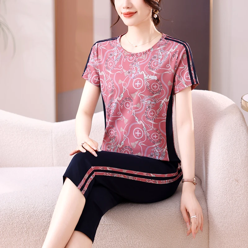 妈妈夏装休闲运动服套装女2025新款七分裤中老年夏季短袖t恤上衣