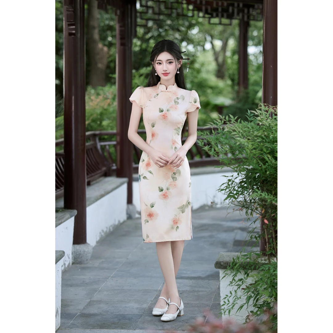 小个子夏季极简风小清新气质旗袍中长款显瘦印花法式度假风-香菱