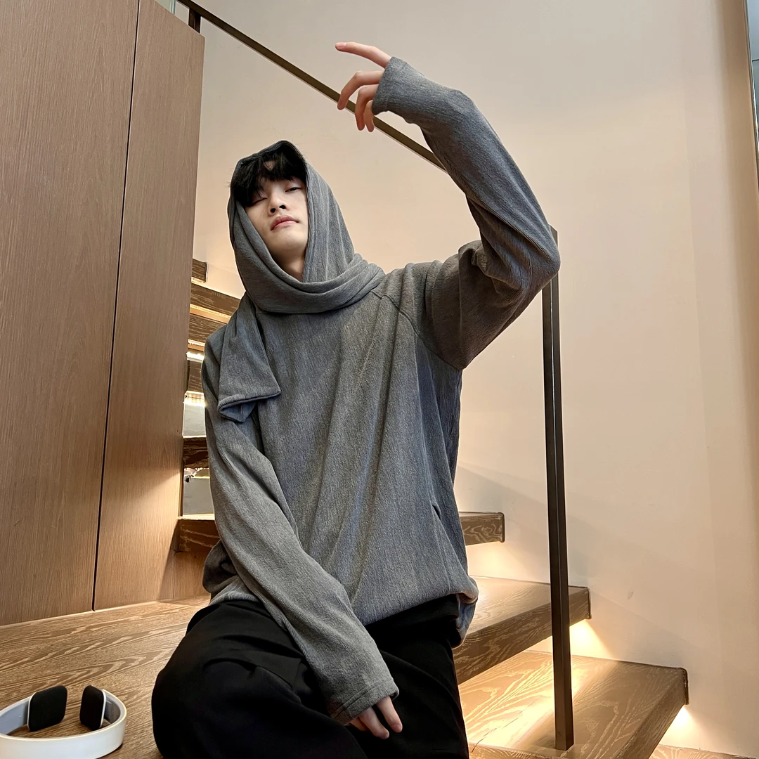 春秋新款披肩卫衣情侣宽松慵懒风打底衫时尚休闲连帽简约男士长袖