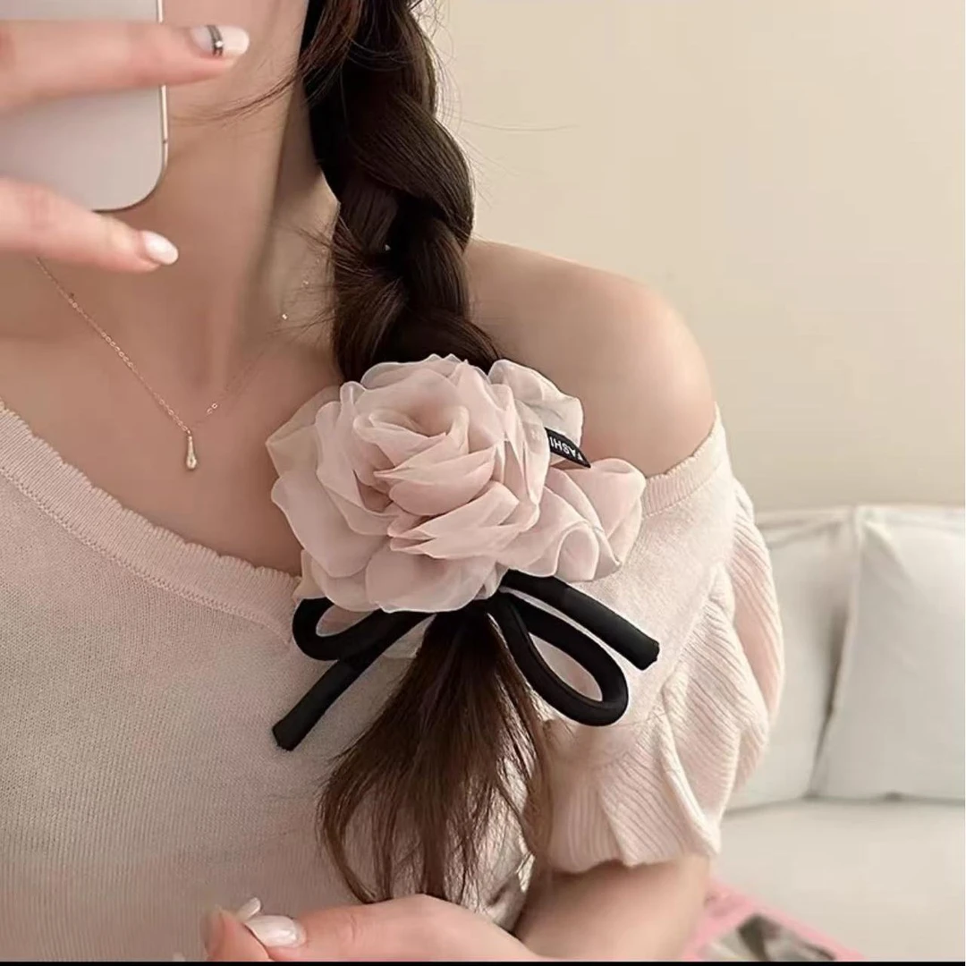 春夏季超仙网纱玫瑰花发圈女高级感扎发头绳皮筋低马尾发饰头花