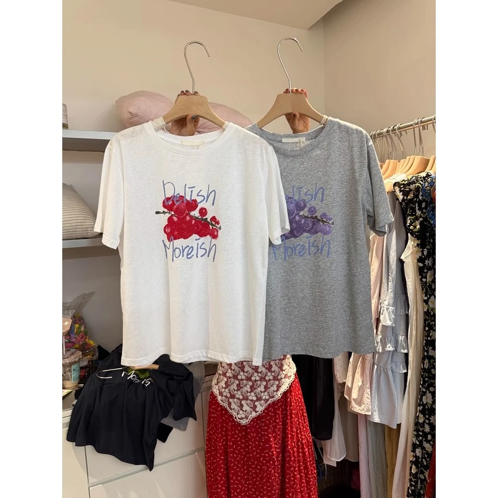 2025年夏季新款宽松圆领通勤休闲正肩百搭印花短袖T恤衫上衣女