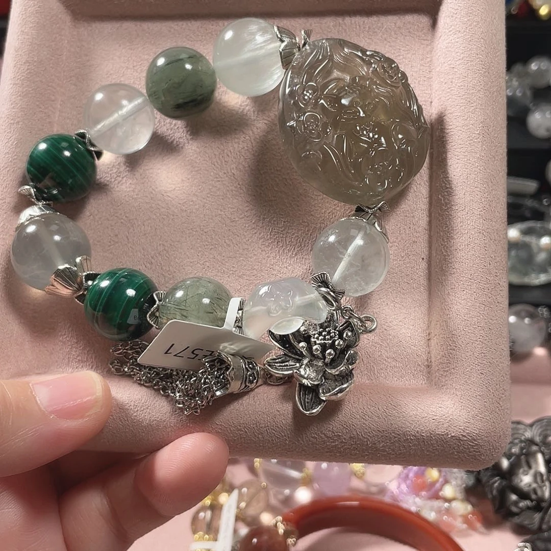 未镶嵌手链水晶凤九水晶雕刻手串 孔雀石 莹石