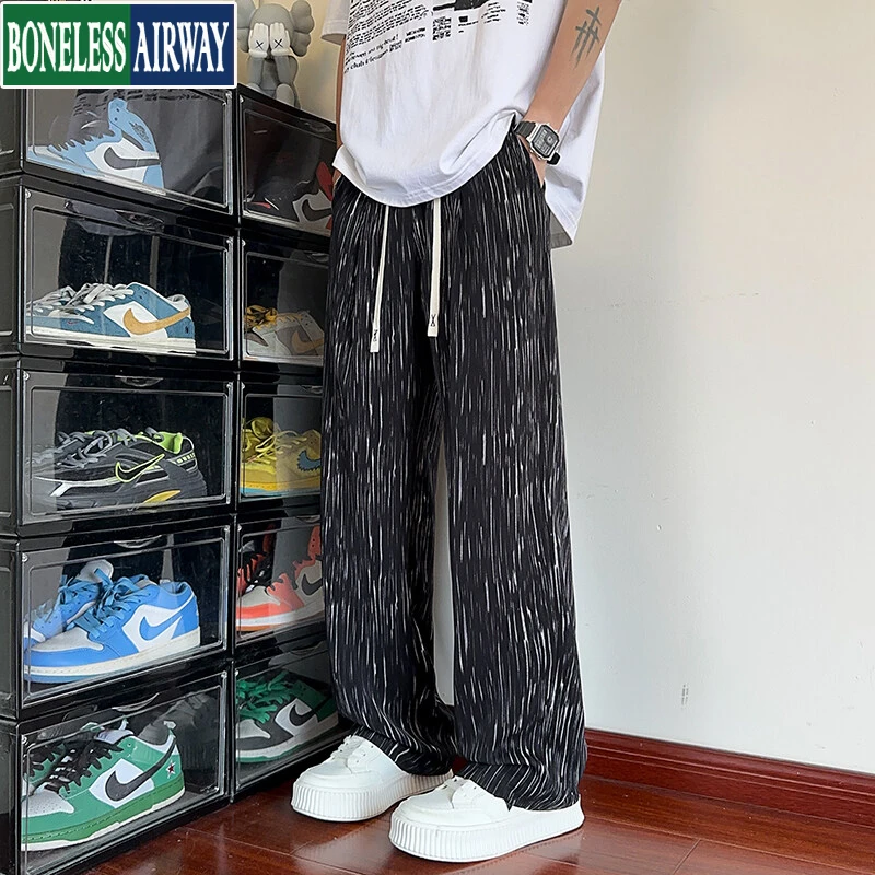 BONELESS AIRWAY夏季扎染凉感冰丝裤男士潮流宽松条纹垂感休闲裤