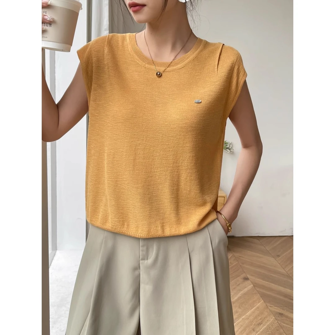 橙色圆领冰丝针织短袖女t恤2025新款夏装休闲内搭打底衫上衣薄款