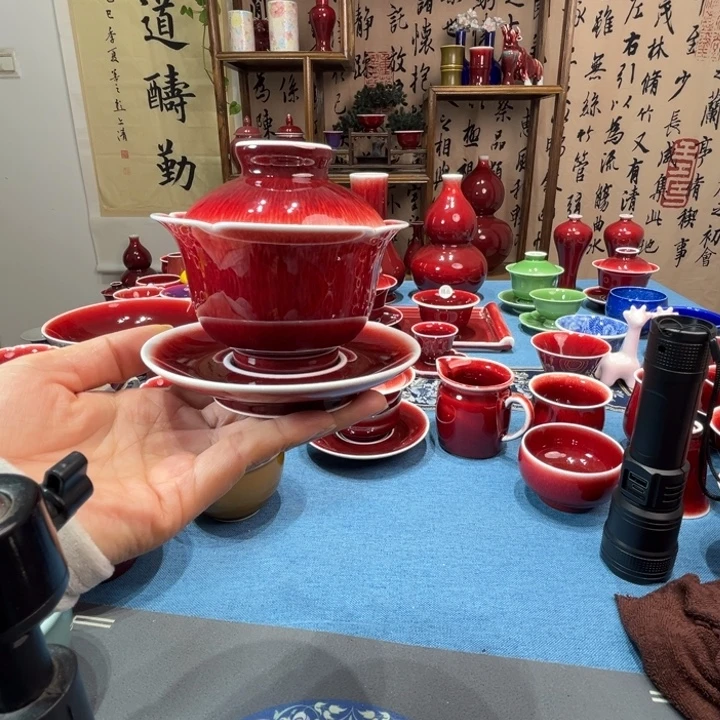 景德镇陶瓷浅行窑三才花口盖碗