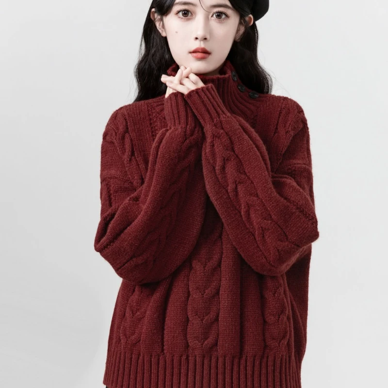 法式红色高领套头麻花毛衣女秋冬加厚宽松慵懒冬季内搭打底针织衫