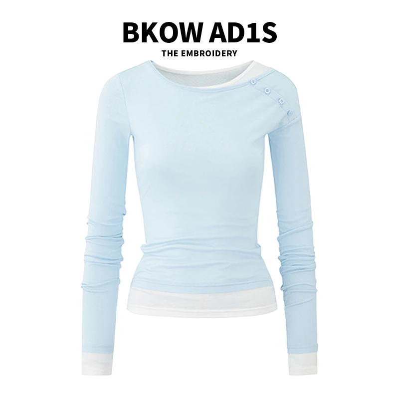 BKOW AD1S 2025新款假两件显瘦斜领打底T恤女休闲百搭掐腰上衣