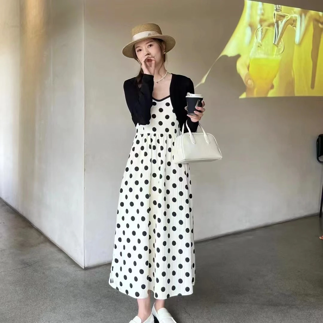 时尚吊带收腰洋气中长裙黑色针织开衫小外套E30200