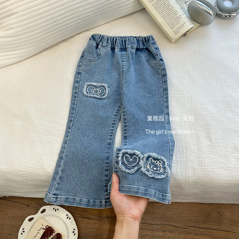 女童春秋季新款牛仔裤刺绣卡通kt猫微喇裤女宝宝牛仔裤韩版裤子