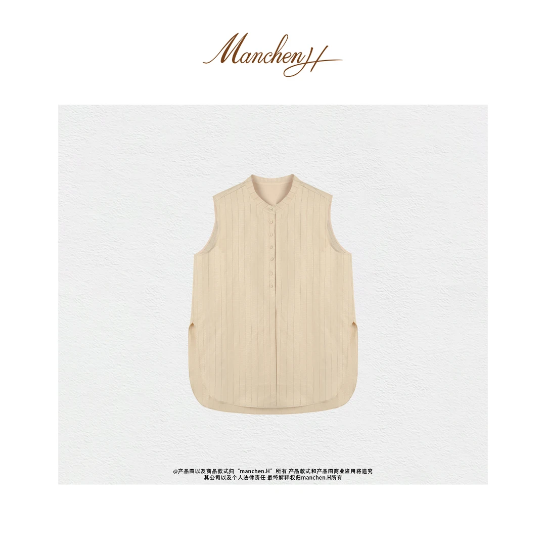 曼辰manchenh"静奢基调"进口色织亚麻气质莫兰迪色系马甲上衣