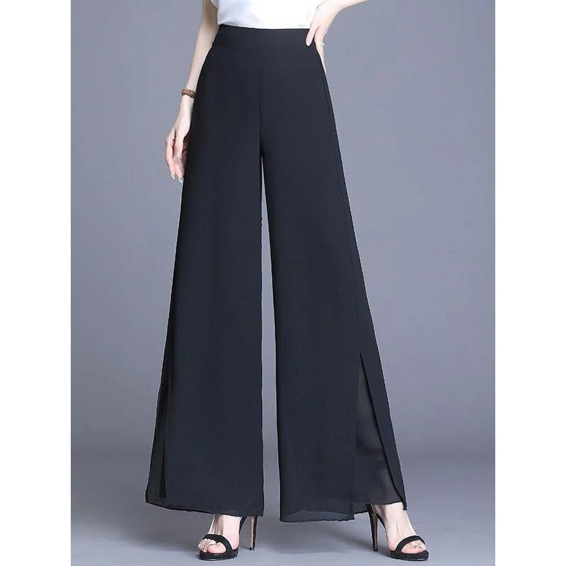 雪纺白色阔腿裤女夏季薄款小个子九分裤宽松妈妈裤子垂感开叉长裤