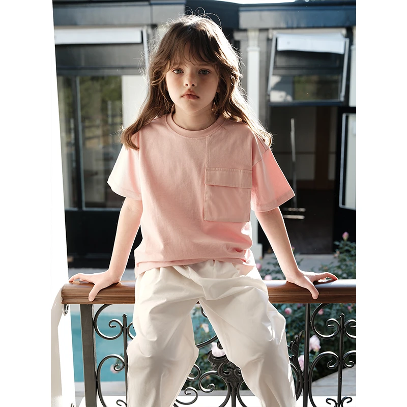 史豌豆女童纯色口袋短袖T Q1333